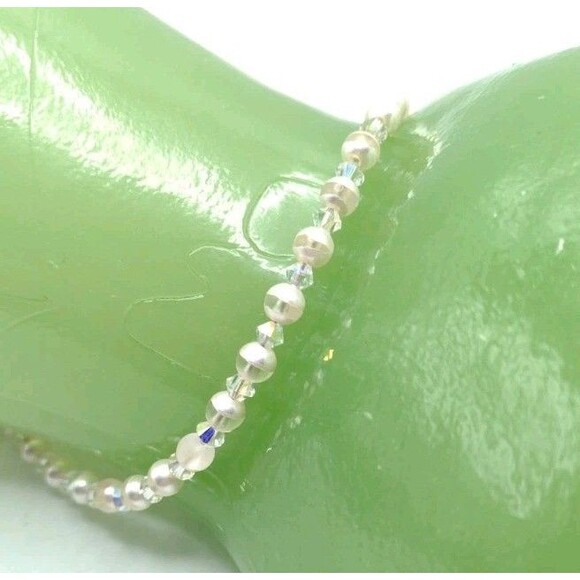 Vtg 925 Sterling Silver Clasp Faux Pearl & AB Aurora Borealis Facetted Bead 8" - Picture 5 of 11